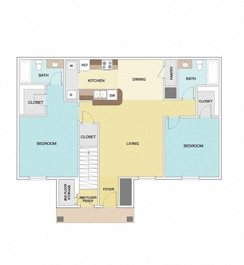 a floor plan of a home with yellow and blue floors and